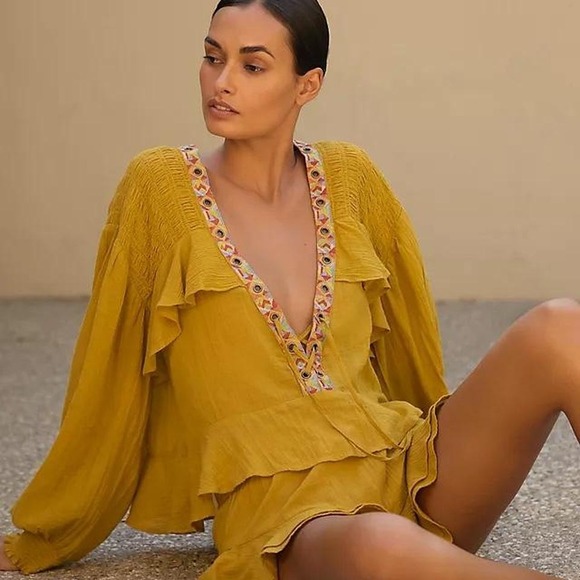 Anthropologie Ruffle Embroidered Blouse Top Long Sleeve Bohemian Festival NWT - Picture 1 of 4